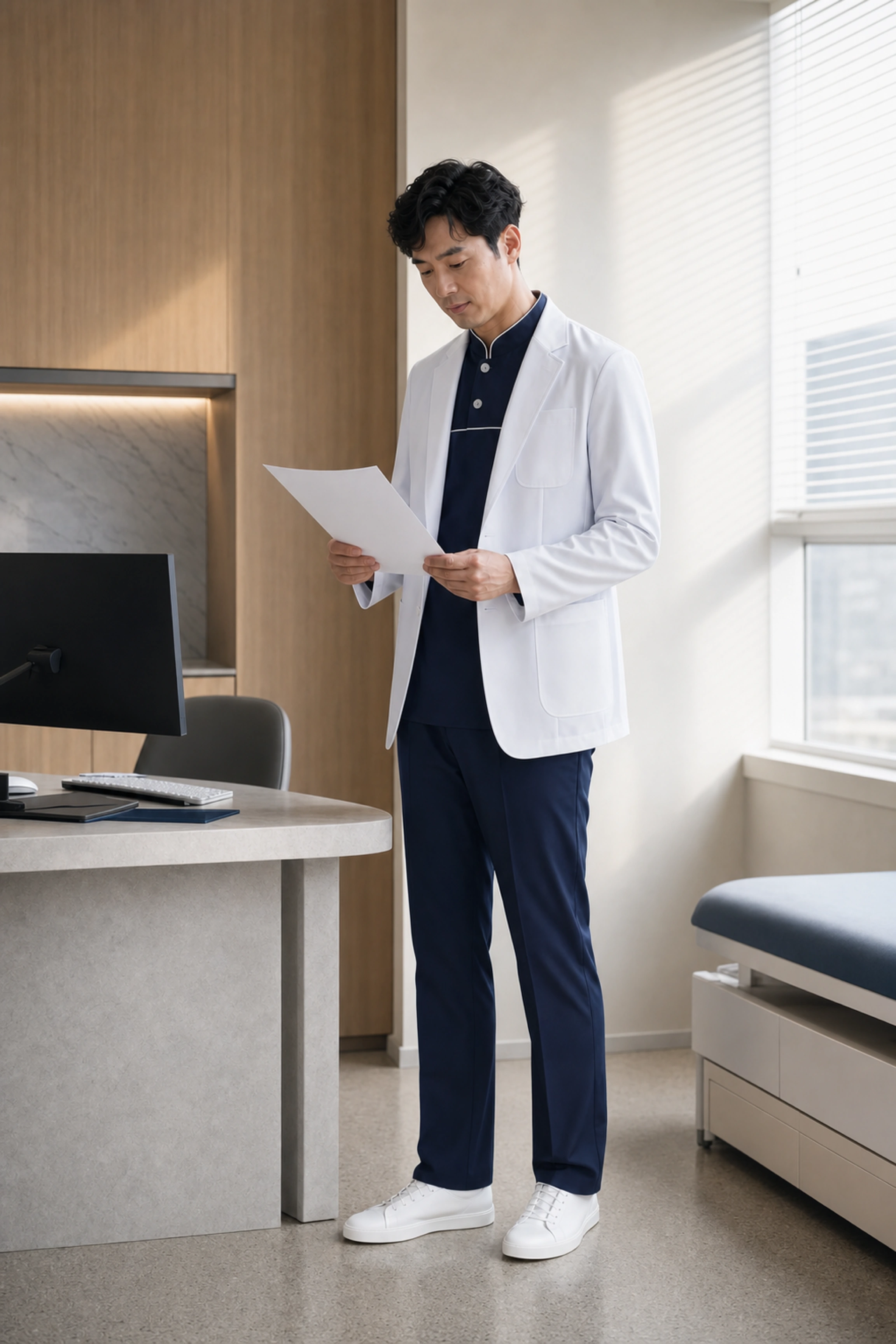 차트를 확인하는 메디웍스 의사 가운 에디토리얼 룩